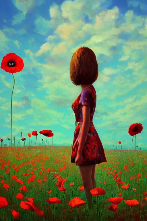 Image similar to closeup, giant poppy flower head, girl standing in a field of flowers, surreal photography, sunrise, blue sky, dramatic light, impressionist painting, digital painting, artstation, simon stalenhag