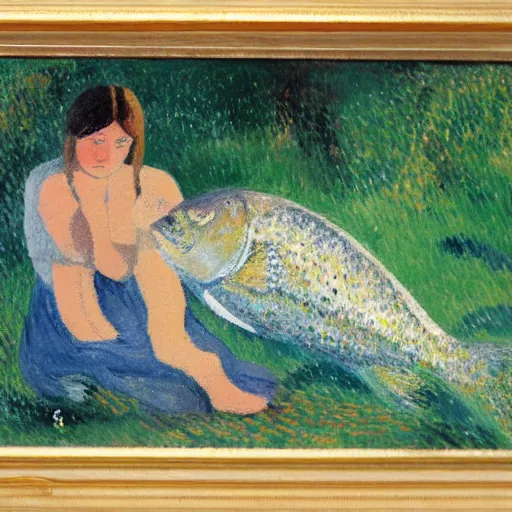 Prompt: young woman dreaming of bubbles and fish, concept art, gouache, camille pissarro