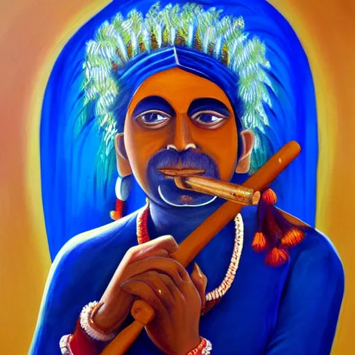 Image similar to a painting of a blue indian man playing a flute, an oil on canvas painting by ram chandra shukla, deviantart, samikshavad, digitally enhanced, beautiful