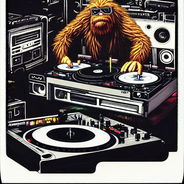 Prompt: a polaroid portrait of an anthropomorphic cyberpunk bigfoot dj at the turntables spinning records, detailed render, tape deck, boombox, headphones, epic composition, cybernetics, 4 k realistic, cryengine, realistic shaded lighting, sharp focus, masterpiece, by matteo scalera, gary montalbano, peter elson in the style of the tokyo ghost comic