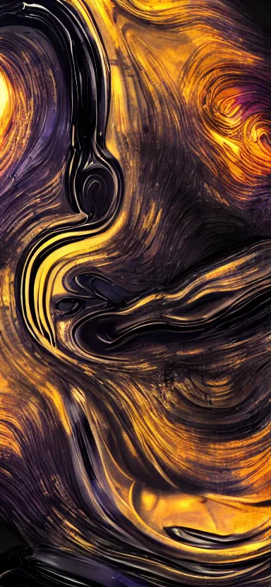 Image similar to epicillustration, abstract sculpture of beautiful female body and black swirling liquifying acrylic portrait, fluffy clouds, mechanical superstructure, glowing edges, golden hour, beautiful light, sculpture of carving marble, dark colors, dark mood, one point light, golden spirals, clockwork, epic matte painting, concept art, bokeh, digital painting