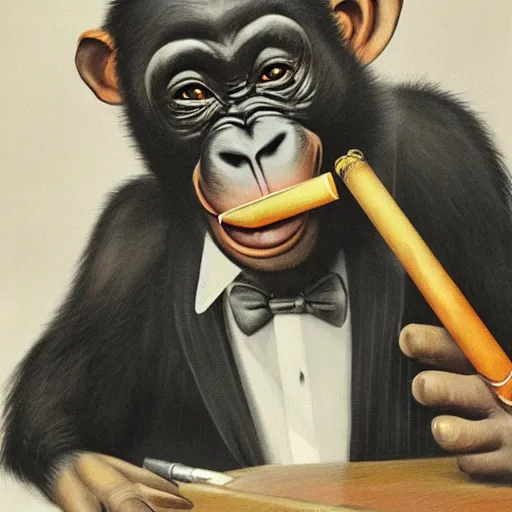 Image similar to a high detail photo of an antropomorphic chimp wearing a suit smoking a cigarrette, subject= chimp, subject detail: wearing a suit, subject action: smoking a cigarrette photorealism