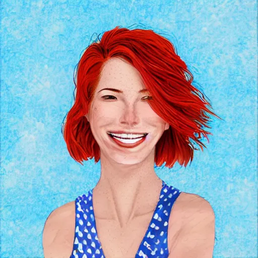 Image similar to digital art of redhead at the beach, freckles, dimples, smiling, flirting, eye contact