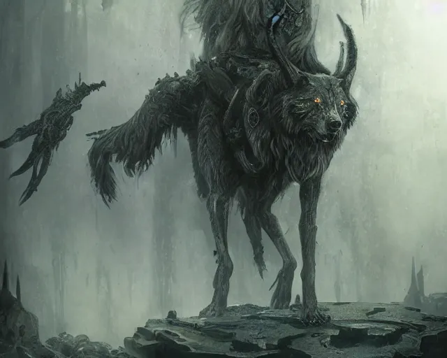 Prompt: king of the wolves - fantasy, inside the king's hall wolves and their treasures, ethereal, ominous, misty, 8 k, by h. r. giger and greg rutkowski