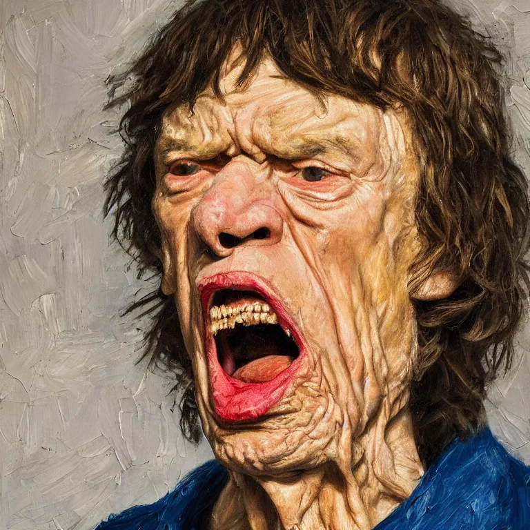 Image similar to warmly lit close up studio portrait of very old furiously angry!! Mick Jagger age 115 angrily singing, impasto oil painting thick brushstrokes by Cy Twombly and Lucian Freud and Tim Hawkinson , trending on artstation dramatic lighting Expressionism