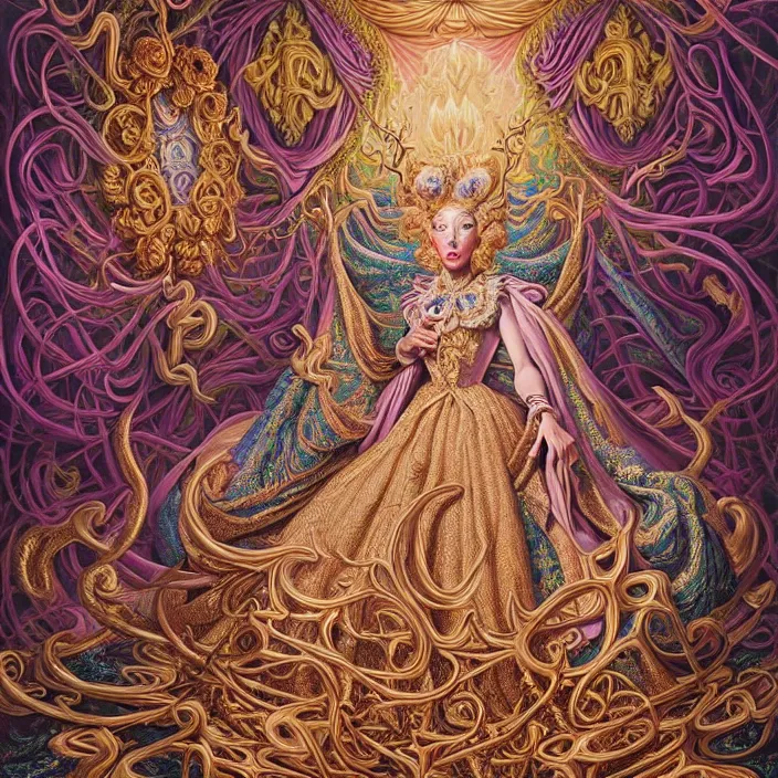 Image similar to beautiful oil painting, full length portrait of dauphinois in baroque coronation robes 1701, Dan Mumford, Dan Mumford, Alex grey, hyacinthe rigaurd, highly detailed , lsd visuals, dmt fractal patterns, hallucinogen, visionary art, psychedelic art, ornate, vaporwave, baroque, Greg rutkowski