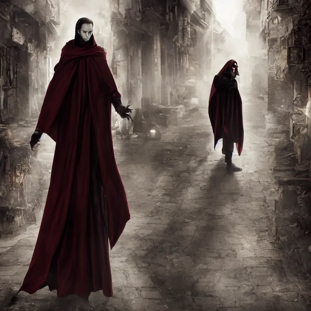 Image similar to a vampire thief wearing a cloak and covered in bandages walking through an alley, cinematic, highly detailed