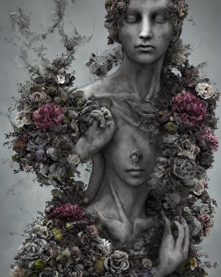 Prompt: portrait of gothic cemetery statue breaking apart, made of mist, made of flowers, Andrew Ferez, Charlie Bowater, Marco Mazzoni, Seb McKinnon, Ryohei Hase, Alberto Seveso, Kim Keever, trending on cgsociety, featured on zbrush central, new sculpture, mystical