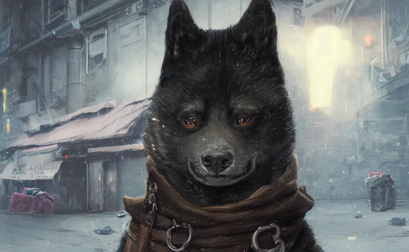 Prompt: highly detailed portrait of a black shiba as a homeless, in gta v, stephen bliss, unreal engine, fantasy art by greg rutkowski, loish, rhads, ferdinand knab, makoto shinkai and lois van baarle, ilya kuvshinov, rossdraws, tom bagshaw, global illumination, radiant light, detailed and intricate environment