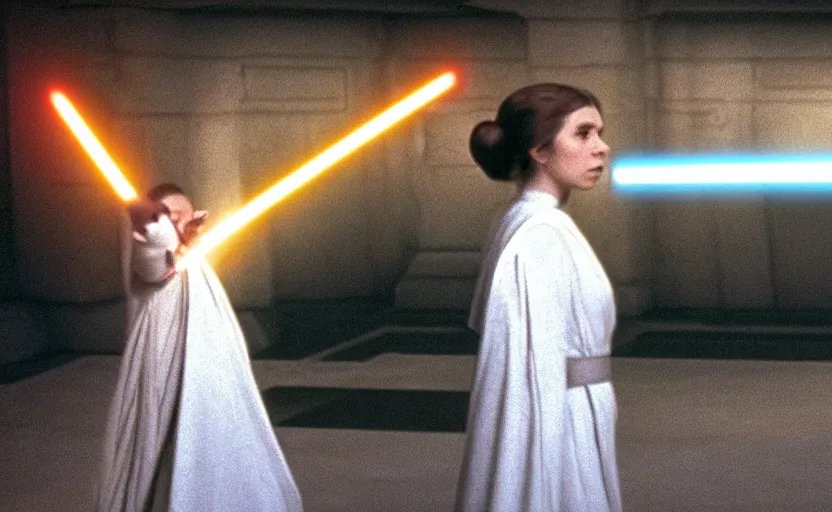 Prompt: screenshot portrait Leia learning the force at Jedi Temple scene from the last jedi, 1970s film by Stanley Kubrick, serene, iconic scene, stunning cinematography, hyper detailed, sharp, anamorphic lenses, kodak color film, 4k