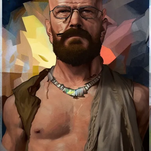 Image similar to Heisenberg as Kratos, highly detailed, digital painting, artstation, concept art, smooth, sharp focus, illustration, ArtStation, art by artgerm and greg rutkowski and alphonse mucha and J. C. Leyendecker and Edmund Blair Leighton and Katsuhiro Otomo and Geof Darrow and Phil hale and Ashley wood and Ilya repin and Charlie Bowater