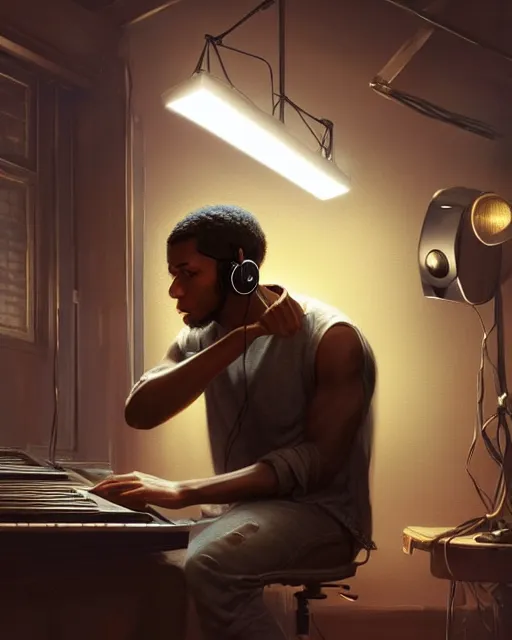 Image similar to light skin black man with headphones at his home studio producing music late at night, very detailed, 4 k, concept art like ernest khalimov, intricate details, highly detailed by greg rutkowski, ilya kuvshinov, gaston bussiere, craig mullins, simon bisley