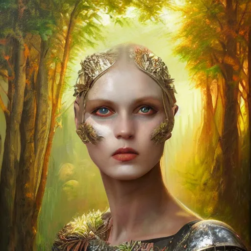 Prompt: dream oil painting portrait of fantasy female warrior, symmetrical face, beautiful face, shining eyes, crystals, covered in plants, standing in the mystical forest, realistic oil painting, baroque, renaissance painting, dramatic, cinematic light, trending on artstation, rule of thirds, highly detailed