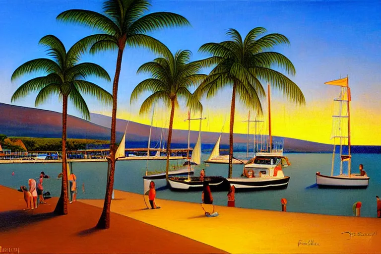 Image similar to Lahaina Maui harbor, sunset with palms, by Botero, oil painting