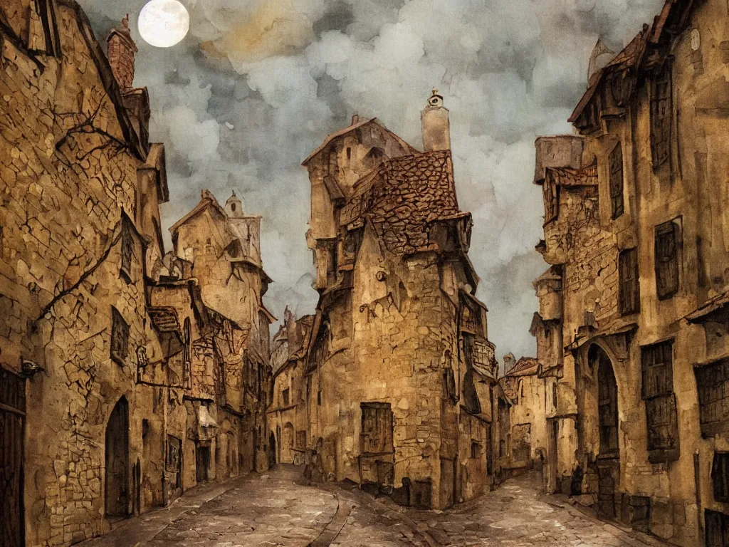 Image similar to moonlit medieval city street, moon covered with long horizontal clouds, natural colors, medieval painting