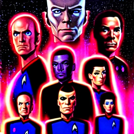 Image similar to Star Trek the next generation crew portrait, cyberpunk, synthwave, highly detailed