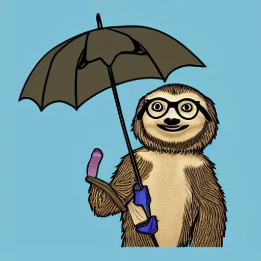 Prompt: A sloth wearing eyeglasses holding an umbrella, realistic style