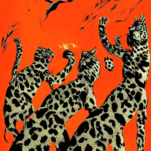 Prompt: animal print pattern world, animals dancing around a fire, post apocalyptic future, comic style, artwork by jack Gaughan + roger dean + robert Kirkman