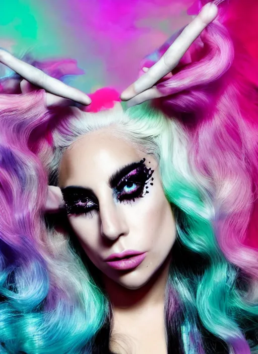 Prompt: lady gaga with long white hair holding a peace sign, an album cover by Hedi Xandt, featured on deviantart, holography, smokey background, matte background, seapunk High resolution. Highly detailed. Dramatic. 8k.4k.