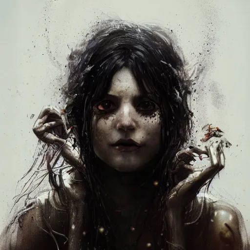 Image similar to portrait of a woman with long black hair and grubs on her face, coming out of holes in her skin, trypophobia, dramatic lighting, illustration by Greg rutkowski, yoji shinkawa, 4k, digital art, concept art, trending on artstation
