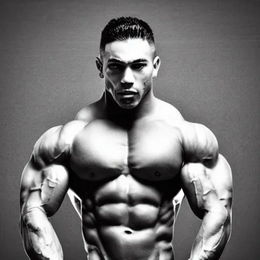 Image similar to a fitness photo of an extremely muscular alpha male, black and white, over pronounced jawline