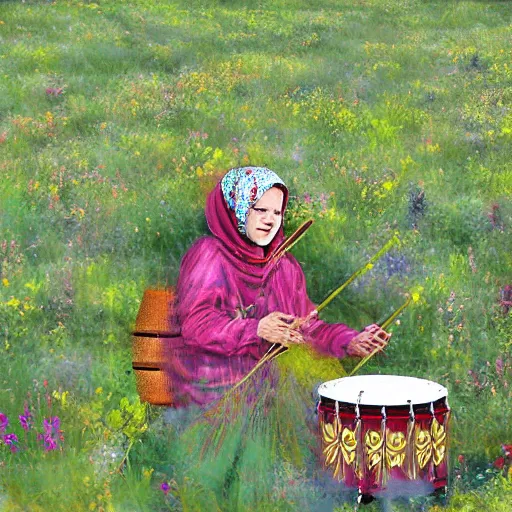 Image similar to a babushka playing drums in a field full of herbs, digital art