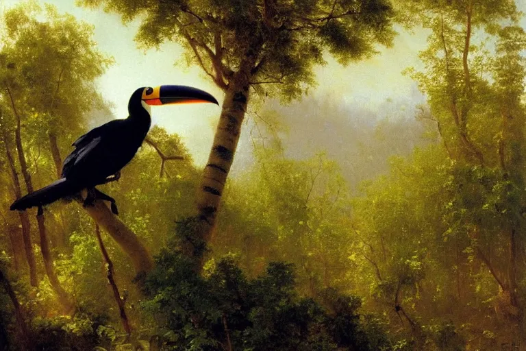 Prompt: Albert Bierstadt painting of a toucan in the wild