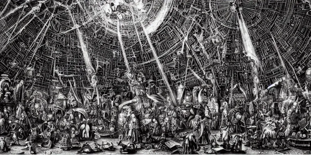 Image similar to labyrinth megastructure in the style of heironymus bosch, dark intricate masterpiece, hyper detailed, hd