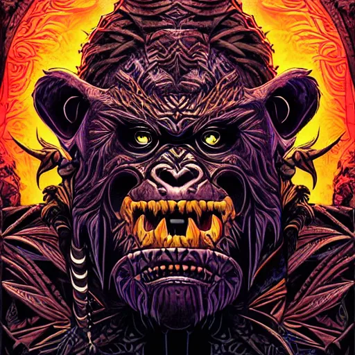 Image similar to barong family member, wiwek, mara demon, one single tribe member, jungle, one single mask, dark, ancient warrior, gorilla, lizard, tribal, inner glow, art by dan mumford and justin gerard