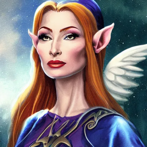 Image similar to Character portrait, face close up: Half Elf Female Celestial Warlock. Tori Amos avenging angel. In the style of Ralph Horsley