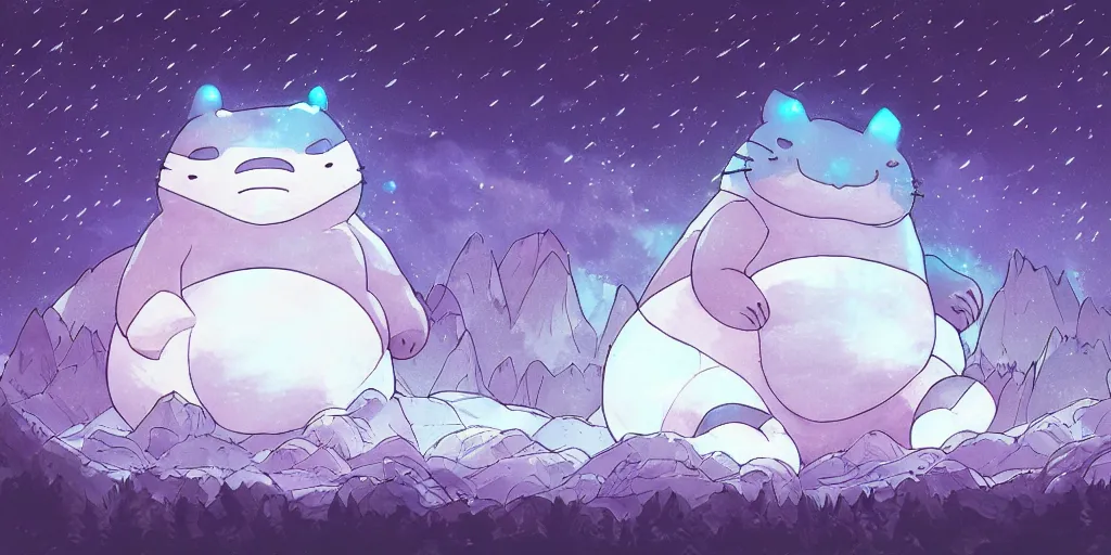 Prompt: giant glowing wireframe snorlax totoro, mountain landscape, night sky, digital art, digital painting, celestial, majestic, colorful