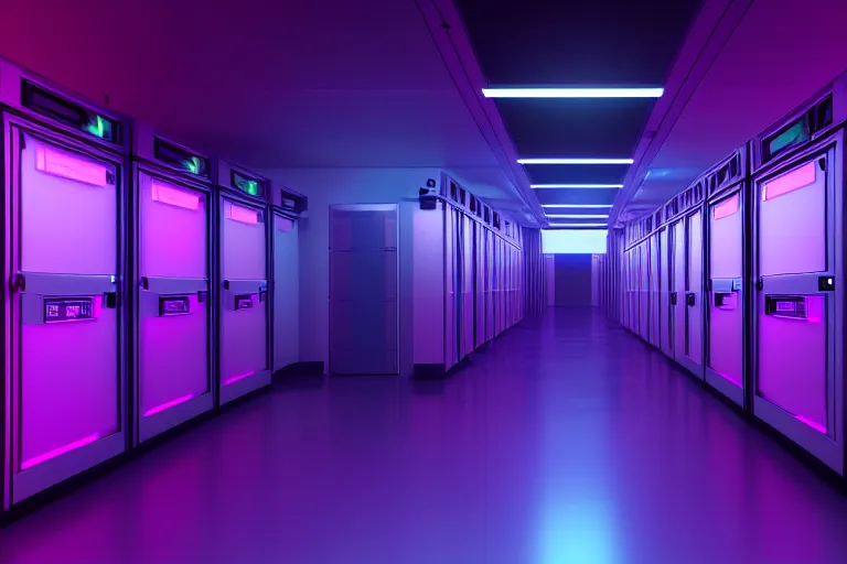 Image similar to realistic robot in a data server room, neon and dark, purple and blue color scheme, by dan mumford, global illumination ray tracing hdr render in unreal engine 5