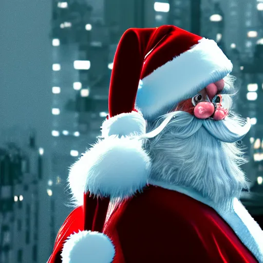 Image similar to photo of a gangster santa claus, movie still, cinematic, 8 k, unreal engine, 3 d render