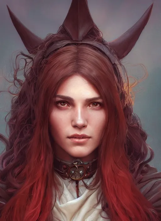 Prompt: portrait of a ruggedly handsome female cleric, soft hair, close - up face, leather, witchy, d & d, fantasy, intricate, elegant, highly detailed, digital painting, artstation, concept art, smooth, sharp focus, illustration, art by artgerm and greg rutkowski and alphonse mucha, plain red background