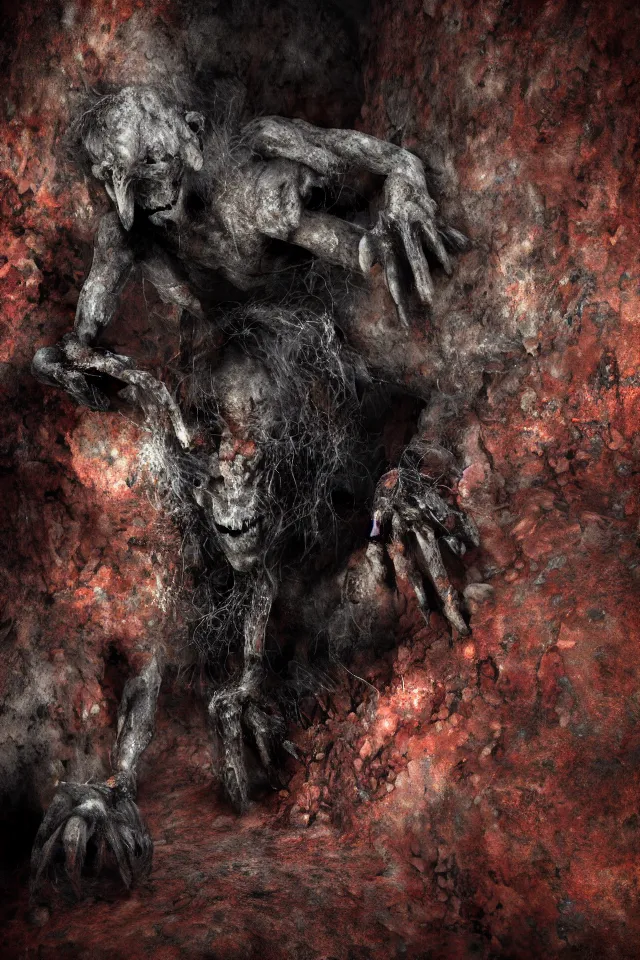 Image similar to cave troll stained with soot and rust, with long claws on the hands and a small insect head, hyperrealistic, octane render, HDR, photorealistic