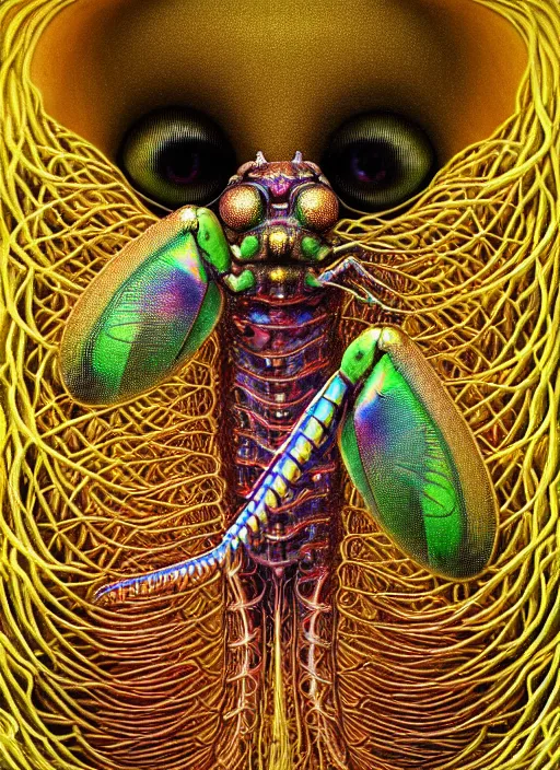 Prompt: hyper detailed 3d render like a Oil painting - kawaii half visceral portrait Aurora (gold haired Singer Praying Mantis Dragonfly) seen Eating of the Strangling network of yellowcake aerochrome and milky Fruit and Her gilded compound eyes delicate Hands hold of gossamer polyp blossoms bring iridescent fungal flowers whose spores black the foolish stars by Jacek Yerka, Mariusz Lewandowski, Houdini algorithmic generative render, Abstract brush strokes, Masterpiece, Edward Hopper and James Gilleard, Zdzislaw Beksinski, Mark Ryden, Wolfgang Lettl, hints of Yayoi Kasuma, octane render, 8k