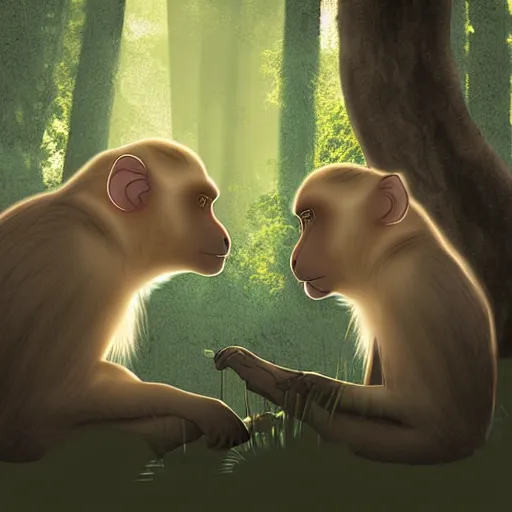Prompt: two macaques looking at each other inside forest, digital art, soft shadows, creepy art, sun flare