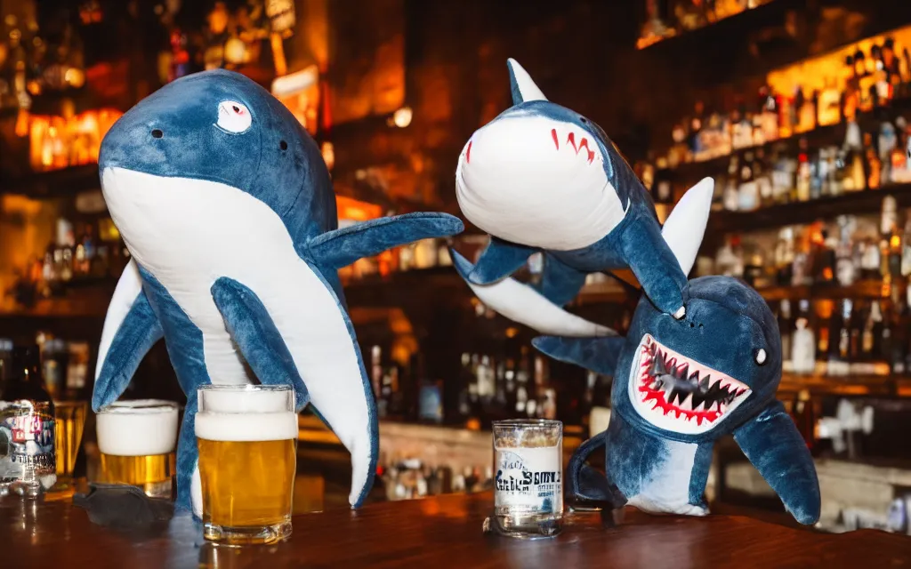 Image similar to Shark plush ordering a beer at a bar, stuffed toy, fish, dim lighting, 50mm, depth of field