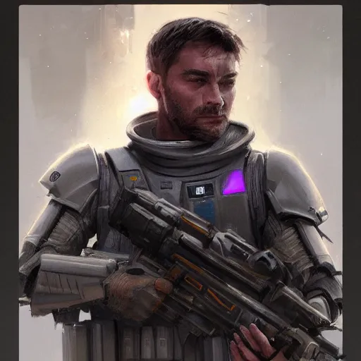 Image similar to portrait of a man by greg rutkowski, a soldier of the galactic dominion, wearing a gray and purple tactical gear, star wars expanded universe, highly detailed portrait, digital painting, artstation, concept art, smooth, sharp foccus ilustration, artstation hq
