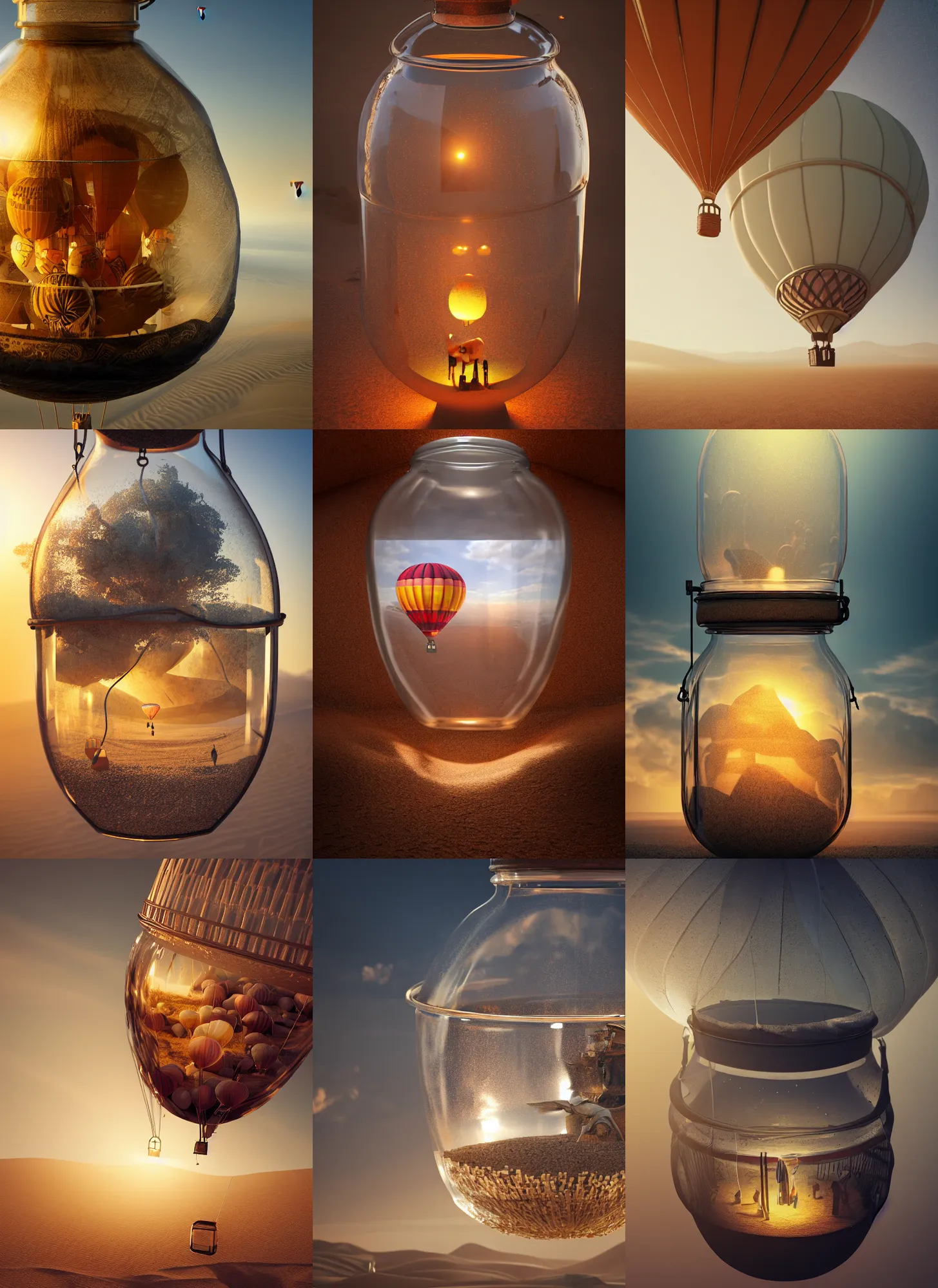 Prompt: hot air balloon inside a glass jar that is buried in sand, intricate detail, volumetric lighting, epic composition, hyper detailed, ultra realistic, sharp focus, octane render, ray tracing, sense of awe, swirling mist, 4 k, mechanical