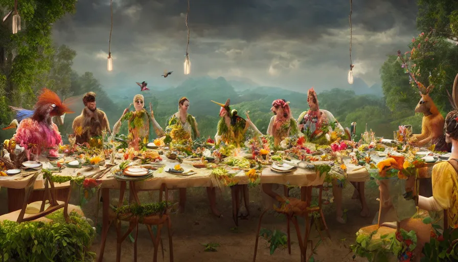 Image similar to a table dinner of exotic birds where birds are dressed like the characters from the midsommar movie wearing flowers, realistic detailed digital art by maxwell boas jessica rossier christian dimitrov anton fadeev trending on artstation cgsociety rendered in unreal engine 4 k hq