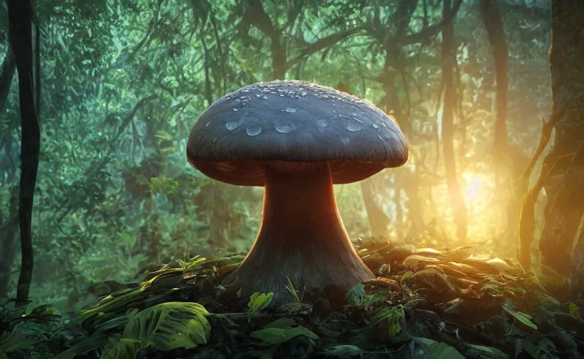 Image similar to a beautiful render of a mushroom growing out of a human a skull in a rainforest, sunset lighting, intricate detail, hazy, humid, volumetric lighting, god rays, 8 k, photorealistic, raytracing effects, unreal engine 5