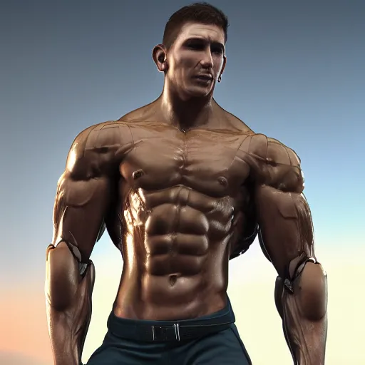 Image similar to a realistic detailed photo of a bodybuilder who is also a male android Chris Redfield, shiny skin, posing robotically, blank stare