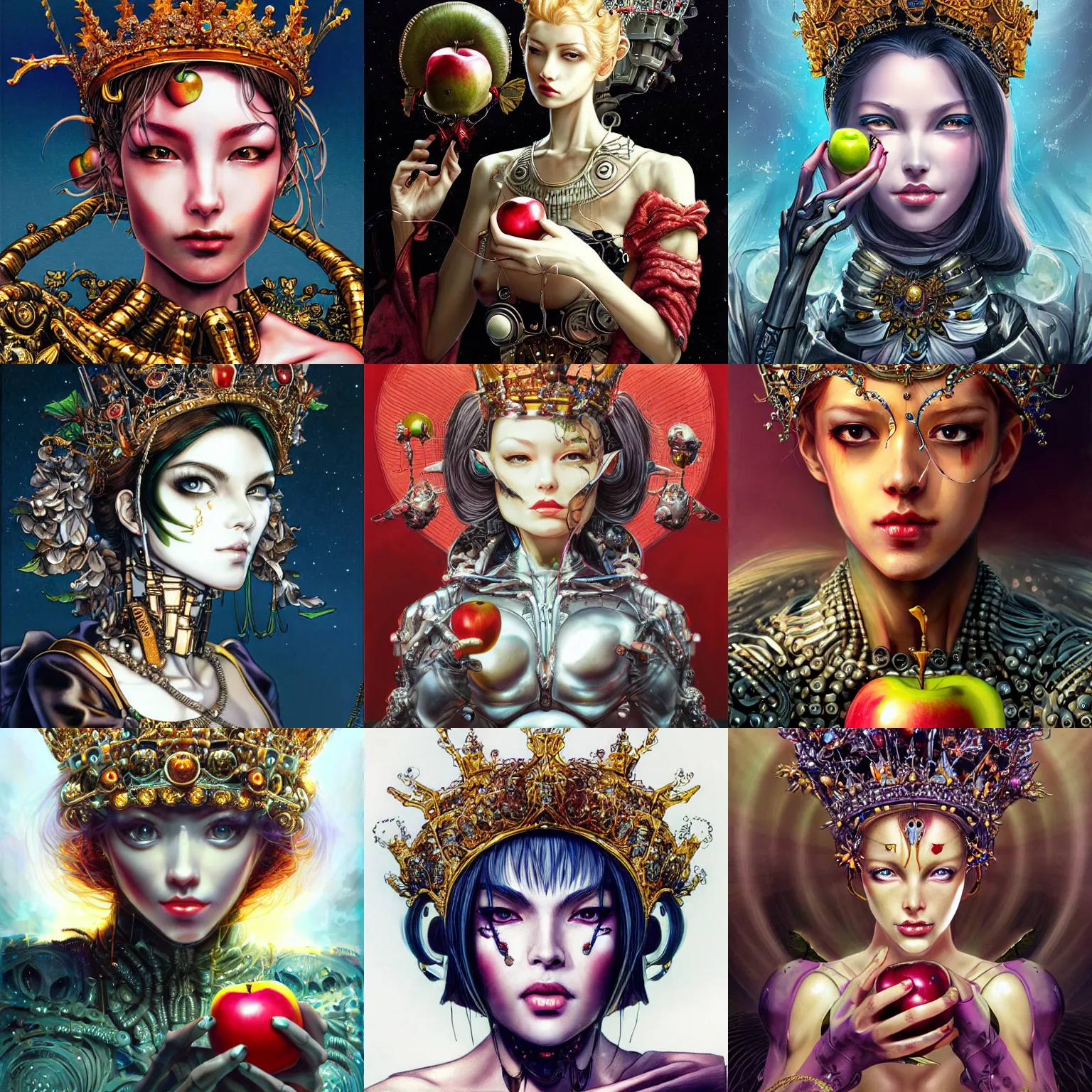 Prompt: potrait of a beautiful cyborg - face queen wearing a luxurious crown is holding an apple in her hand, face is highly detailed, by masamune shirow, ayami kojima, josan gonzalez, yoshitaka amano, dan mumford, barclay shaw