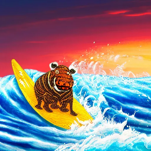 Image similar to a closeup photorealistic photograph of a cute smiling knitted tiger hippopotamus riding a wave at sunset. surf in background. professional capture. brightly lit scene. this 4 k hd image is trending on artstation, featured on behance, well - rendered, extra crisp, features intricate detail, epic composition and the style of unreal engine.