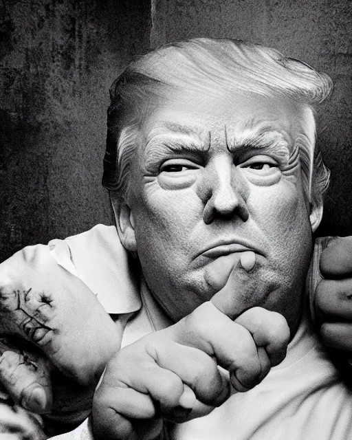 Prompt: closeup portrait of of angry donald trump wearing orange prison pajamas sitting on a bed kissing a bald eagle in a filthy prison, cinematic masterpiece, octane, dramatic lighting, editorial photo, 35mm, very detailed