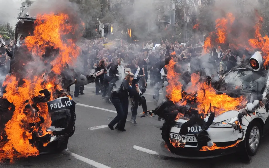 Prompt: an austrian police car burning with people dancing in a ritual around it
