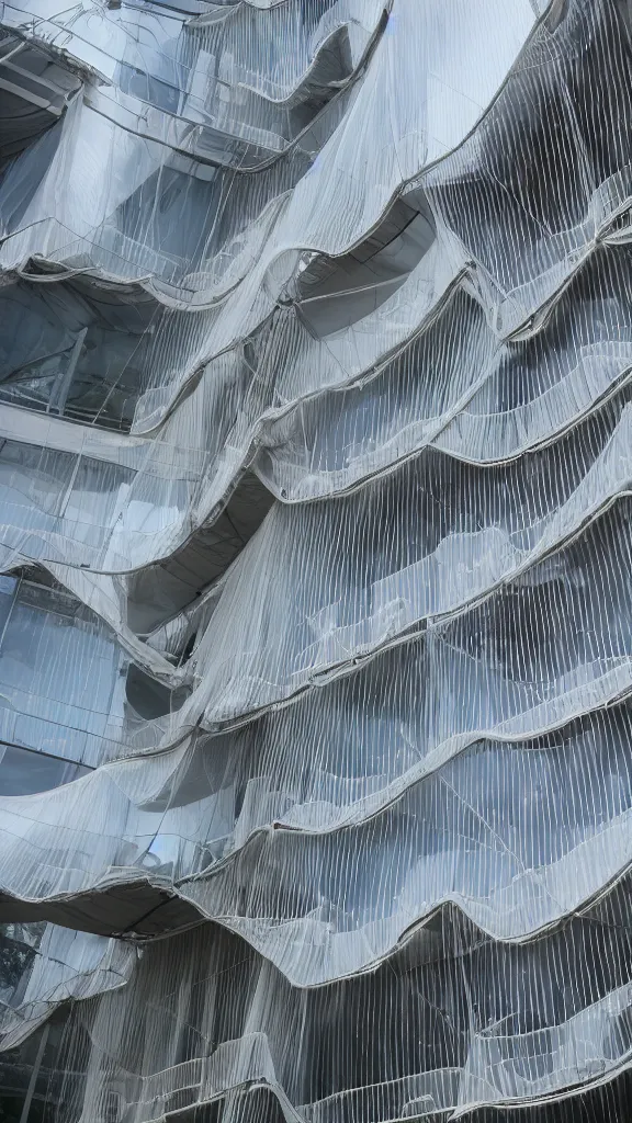 Prompt: hyperrealistic photo of a futuristic parametric building in a urban setting. the building has many large balconies with hanging plants and large windows. parts of the building are wrapped in billowing fabric made of thin pipes. the fabric tarps are translucent mesh with large holes for balconies and windows. the fabric hangs from metal scaffolding. sharp focus. 8 k