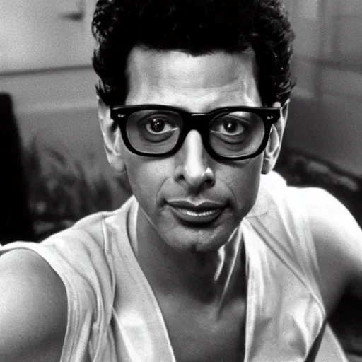 Prompt: a hyper realistic photograph of jeff goldblum from the 1 9 8 0's trying to flirt with you
