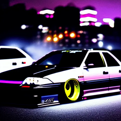 Prompt: a car JZX90 twin turbo drift at illegal car meet, Saitama prefecture, city midnight mist lights, cinematic lighting, photorealistic, highly detailed wheels, high detail